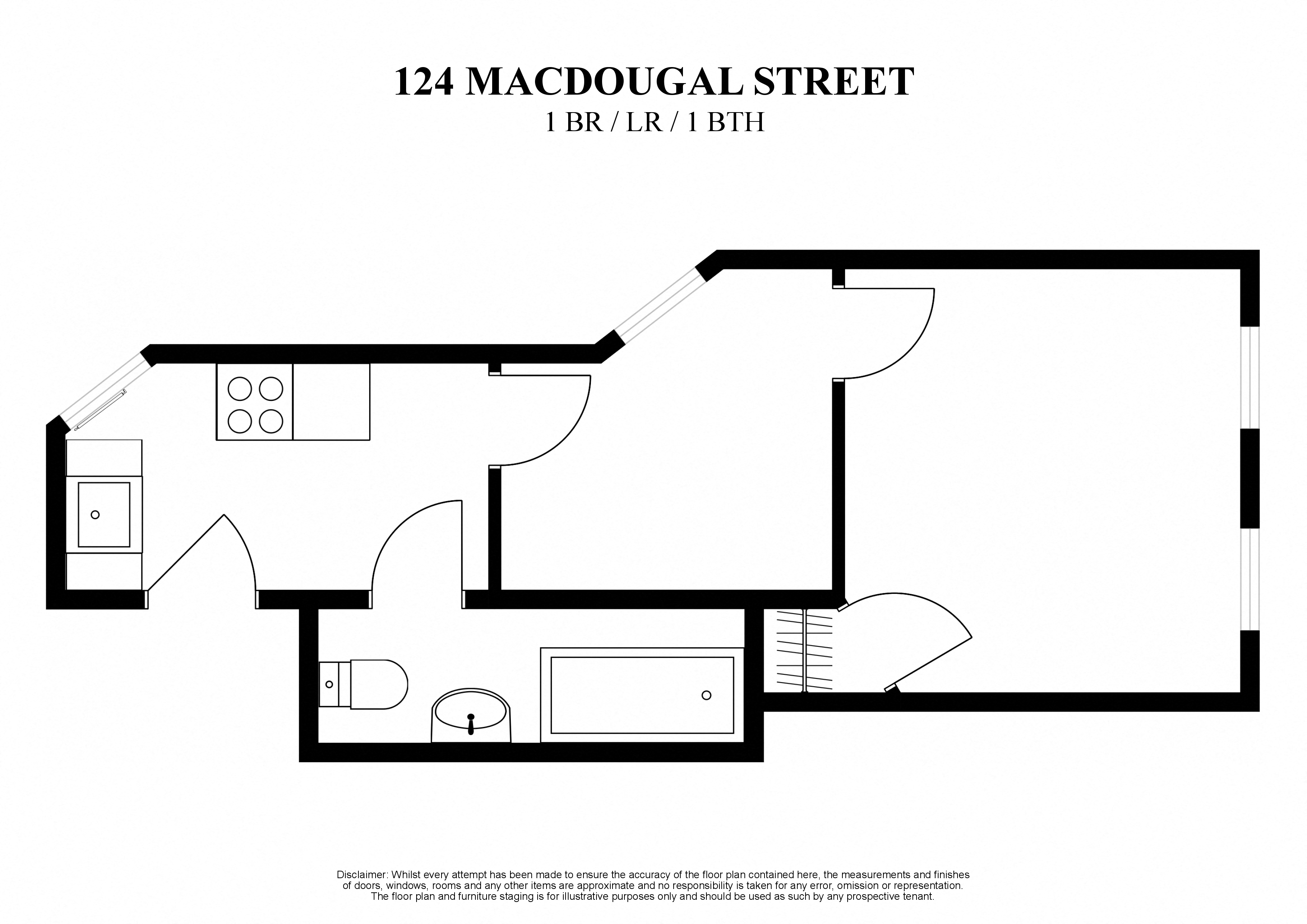 Floor plan for 1 bed, 1 bath